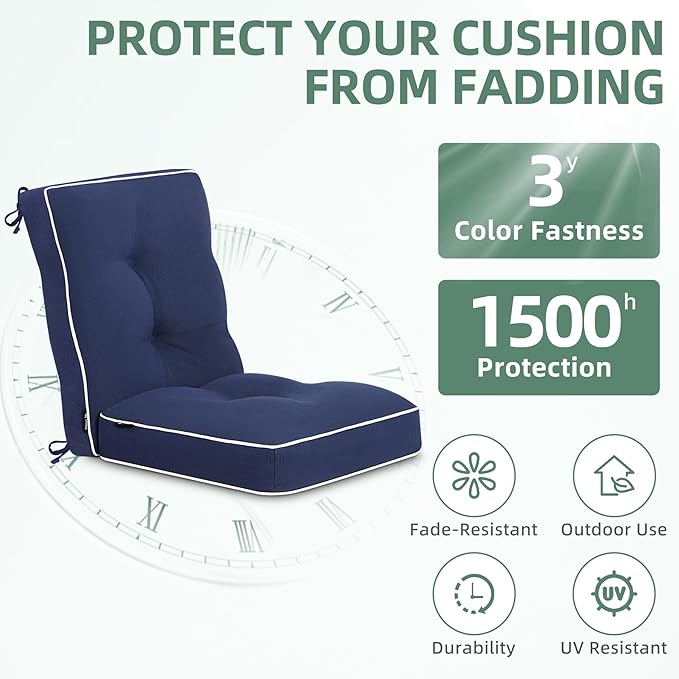 Favoyard Outdoor Rocking Chair Cushion 17 × 17 Inch Water Resistant & 3-Year Color Fastness Patio Chairs Cushions for Rockers Furniture, Set of Seat & Back Thick Tufted Cushion with Tie Straps, Blue