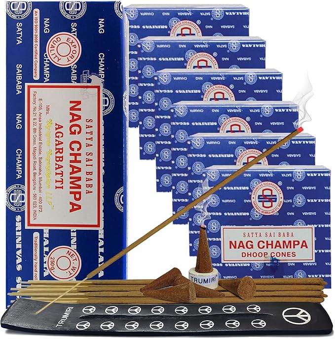 Nag Champa Incense Sticks 250g and Cones Variety Pack with Burner Holder Bundle from Satya Incense 250g Trumiri for Smudging and Aroma