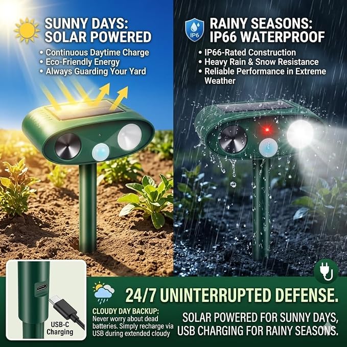 2026 Upgraded Sonic Fortress Pro Deer Repellent Devices with USB Charge,Solar Ultrasonic Animal Repellent with Motion Sensor&Flash Light,Rabbit Fortress Pro to Scare Squirrel Cat Out of Yard 2Pack