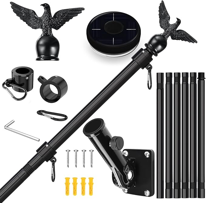 LETSTRY 7FT Flag Pole Kit for House with Solar Light and Adjustable Bracket, 1" Thickened Stainless Steel Outside Wall Mount Flagpole for 3x5 American Flag, for Residential, Outdoor or Porch (Black)