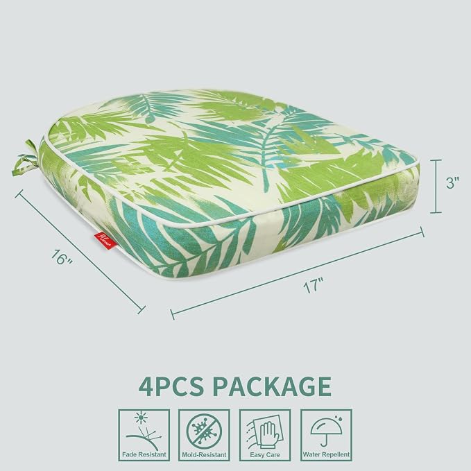 Outdoor Chair Cushions Set of 4, 17x16 Inch U-Shape Patio Seat Cushions with Ties, Water & Fade Resistant High Density Foam Cushions for Garden Patio Chairs, Green Leaf