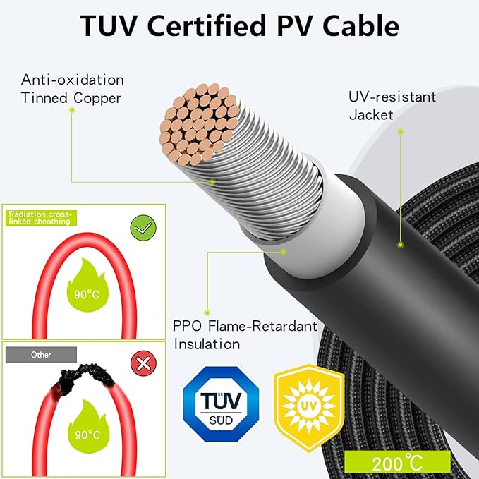 10Ft 10AWG Solar Cable Extension with Protection Cover, Solar Wire with Tool-Free Solar Connectors, IP68 Waterproof PV Cable, Solar Panel Extension Cable 10Gauge for Home Boat RV Solar Panels(10ft)