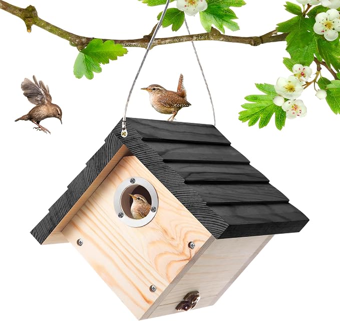 Dreyoo 1 Pack Wren House, 1-1/8'' Entrance Hole Hanging Wooden Wren Bird Houses for Outside with Metal Guard, Air Vents, Pine Wood for Chickadees (Black)