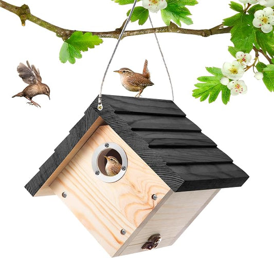 Dreyoo 1 Pack Wren House, 1-1/8'' Entrance Hole Hanging Wooden Wren Bird Houses for Outside with Metal Guard, Air Vents, Pine Wood for Chickadees (Black)