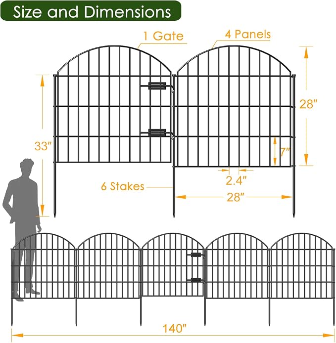 FOREHOGAR Metal Garden Fence with Gate 28in (H) x 11.7ft (L), 1 Gate + 4 Panels Rustproof Border Fence Animal Barrier for Dogs, No Dig Garden Fencing for Yard Backyard Landscape, ECG2827 Black