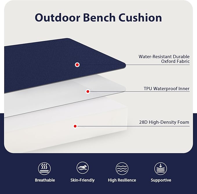 Favoyard Outdoor Bench Cushion 48 x 18 Inch Waterproof Patio Furniture Cushions 3-Year Color Fastness Garden Sofa Settee Couch Swing Pads with Handle and Attach Ties, Blue