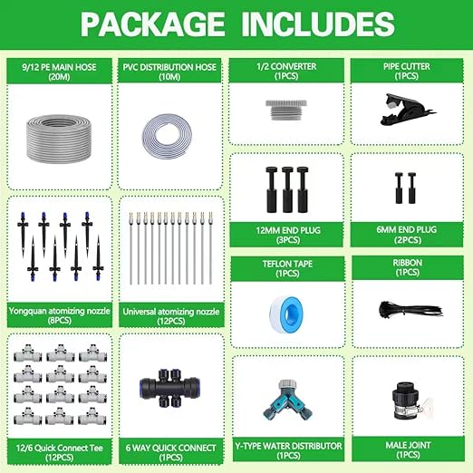98 FT Irrigation System Kit. with 360°Fan-Shaped and Atomizing Nozzle,Can Be Quickly Installed and Disassembled for Garden Plant Flowerpots and Courtyard Watering Systems.