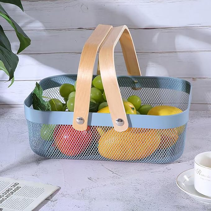 AJIODA Metal Mesh Steel Basket, Storage Organizer Baskets Garden Harvest Basket Multi-functional Kitchen Fruit Baskets Bin with Wooden Handle for Bathroom Picnic Shopping Decor Cabinet Home, Blue