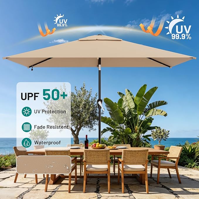 AreShark 6.5' x 10' Rectangular Patio Umbrella with Solar Lights, Solar Powered Lighted Market Umbrella w/Tilt and Crank, Outdoor Table Umbrella for Garden, Deck, Backyard, Pool and Beach, Beige