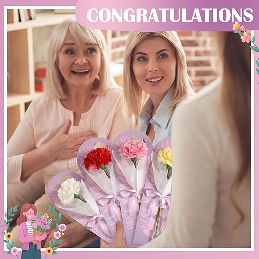 Eaasty 96 Set Mother's Day Themed Single Carnation Card Sleeve Gift Packaging Flower Holder with Floral Water Tubes Ribbon and Tissue Paper for Flower Packing