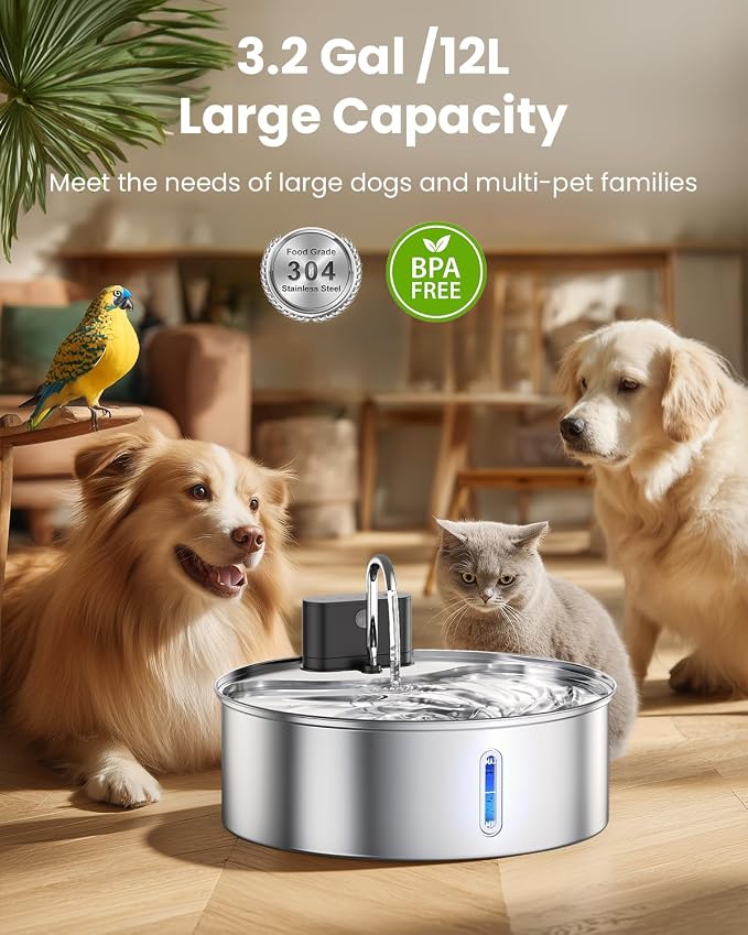 Wireless Dog Water Fountain for Large Dogs, 12L Stainless Steel Dog Fountain Water Bowl with Sensor, Quiet Pump BPA-Free Automatic Water Dispenser for Cats Dogs Pets