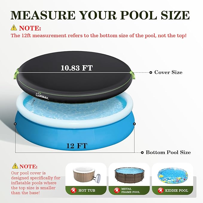 UIRWAY 12FT Round Pool Cover, Inflatable Pool Covers for Above Ground Pools with Elastic Cord - Snug Fit & Easy Set, Outdoor Swimming Pool Cover with 2 Reflective Strip Handles, Black