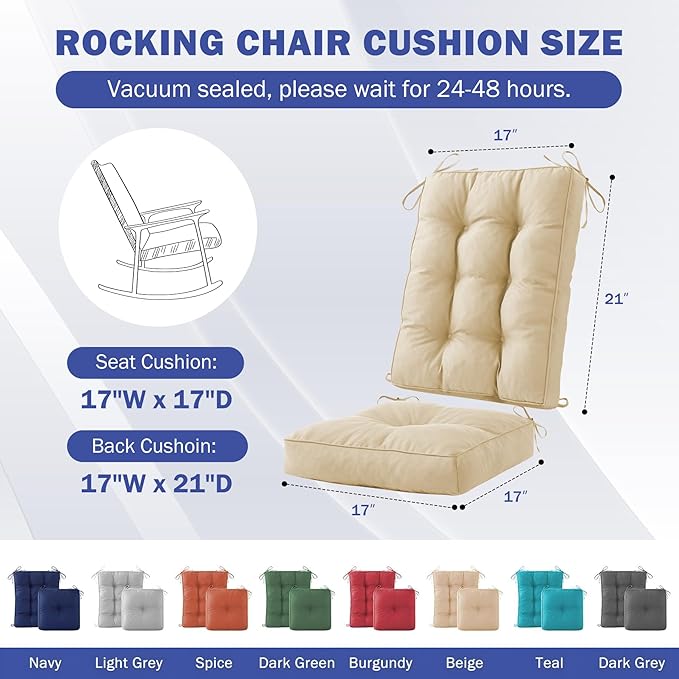 IPYNBAP Rocking Chair Cushion, Waterproof and Fade-Resistant Patio Chair Cushions, Tufted Chair Pads for Rocker Furniture, 17x17 Inch, Indoor/Outdoor Seat Cushions with Ties, Beige