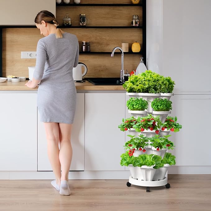 7 Tiered Strawberry Vertical Planter 2 Pack, Stackable Tower Garden Planter Herb Garden Planter with Movable Casters and Bottom Saucer Indoor and Outdoor - Black