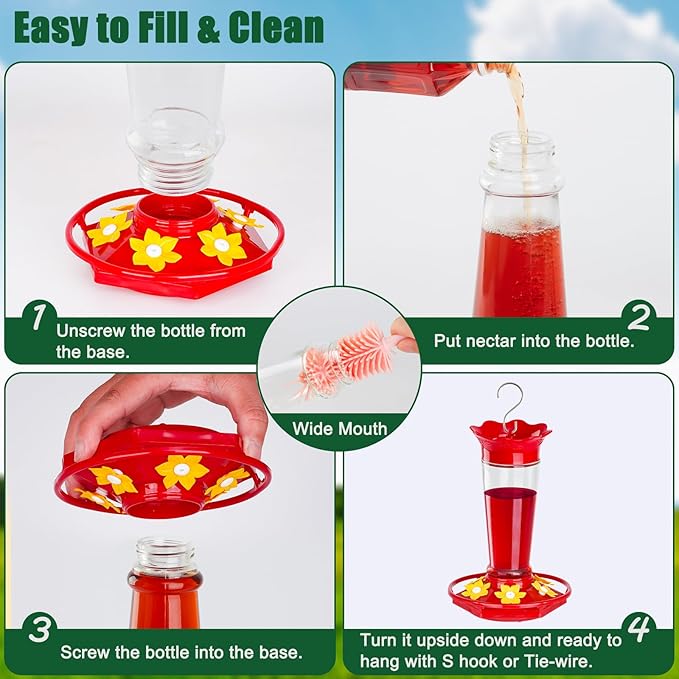 Gbekery Glass Hummingbird Feeders for Outdoors Hanging Ant and Bee Proof Clear 10 OZ 2 Pack Bird Feeders for Outside Hanging 6 Feeding Stations Bird Nectar Feeder for Garden Yard Décor Gifts for Mom