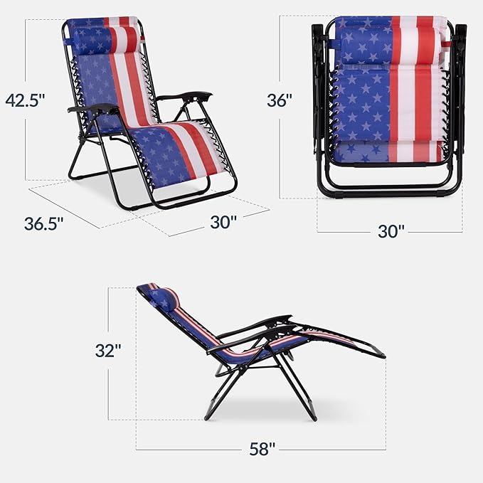 Best Choice Products Set of 2 Extra Wide Adjustable Steel Mesh Zero Gravity Lounge Chair Recliners w/Pillows and Cup Holder Trays - American Flag