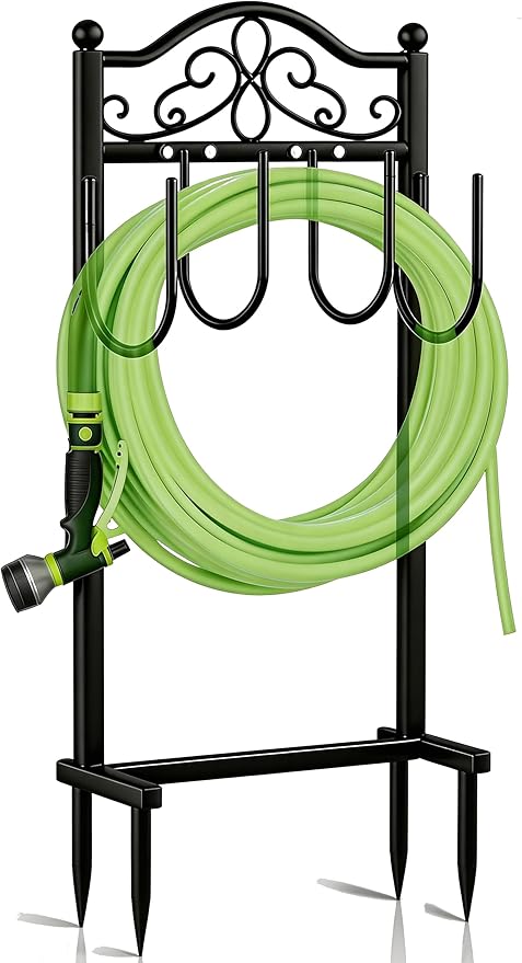 Upgraded Garden Hose Holder - Heavy Duty Freestanding Metal Hose Holder with 4 Stabilizing Spikes, Sturdy Hose Hanger up to 100ft Hose for Yard, Lawn & Outdoor Garden (Black)