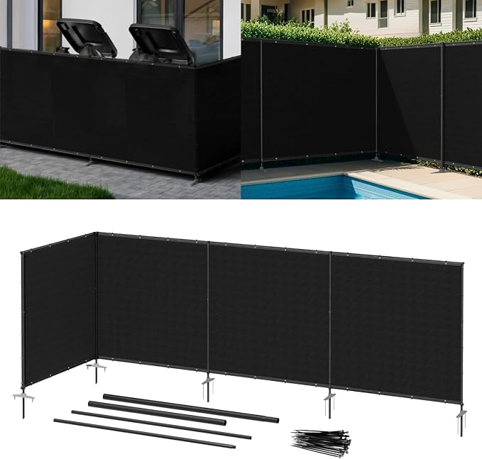 5' x 24' Outdoor Privacy Screen Freestanding, 240 GSM Privacy Fence Panels with Stakes for Outside, Pool Fences with Poles, Backyard Temporary Fencing, Black
