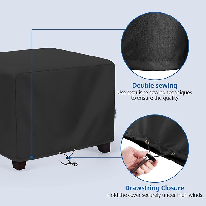 SunPatio Outdoor Ottoman Cover, Waterproof Square Coffee Table Cover, Patio Furniture Side Table Cover, All Weather Protection, 26W x 26D x 18H, Black