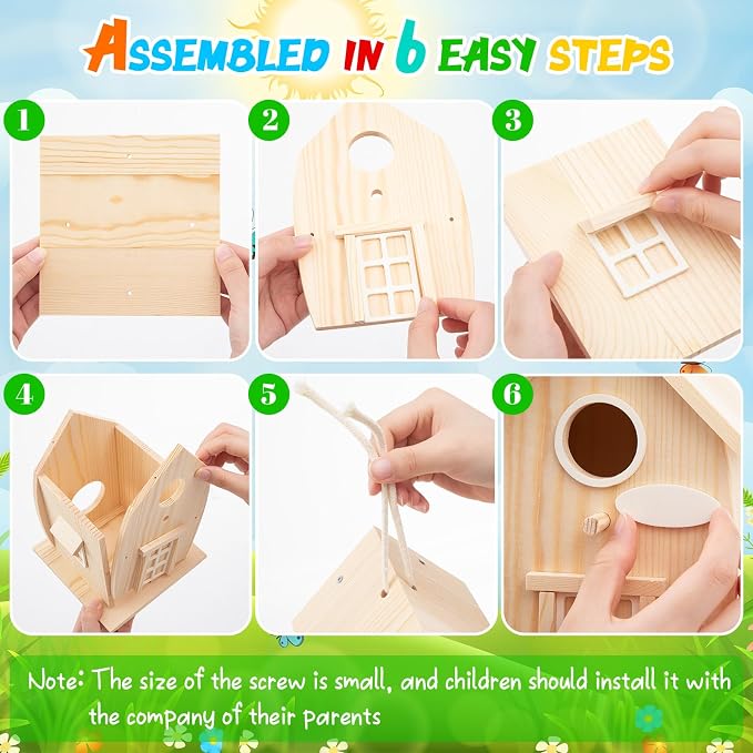 Liliful 4 Pack Wooden Bird House Kits, Build It Yourself Woodworking Kit for Adult Kids 4-8, 8-12 with Paint and Paintbrushes, Solid Weather Proof Natural Pine Wood, Pre Drilled (Rural Style)