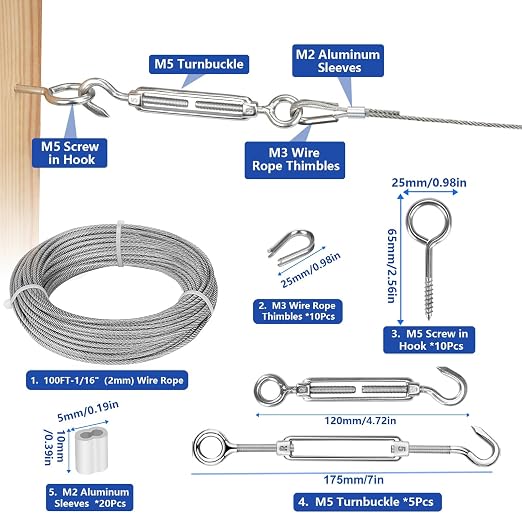 TooTaci Turnbuckle Wire Tensioner Kit, 100ft 1/16 Vinyl Coated Stainless Steel Wire Rope Cable with M5 Turnbuckles for Curtain, Garden Trellis, Picture, String Lights Hanging, Climbing Plants Outdoor