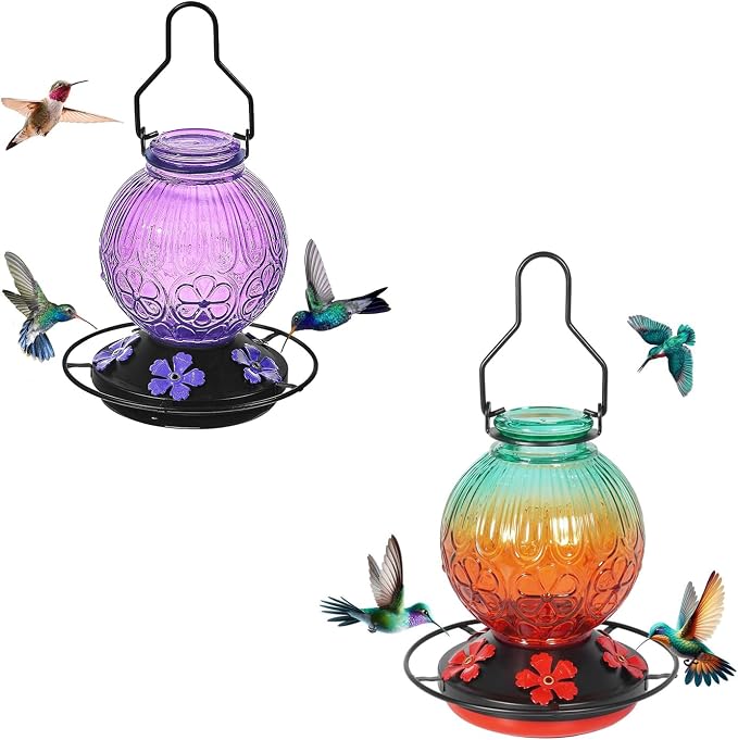 Glass Hummingbird Feeders for Outdoors Hanging Purple+Green