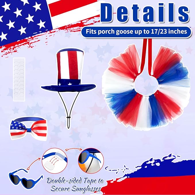 Independence Day Goose Outfit with Sunglasses & Tie,Porch Goose Outfits for 23" 17" Cement Plastic Goose Clothes Costumes, 4th of July Goose Outfit for Party Outdoor Patio Yard Lawn