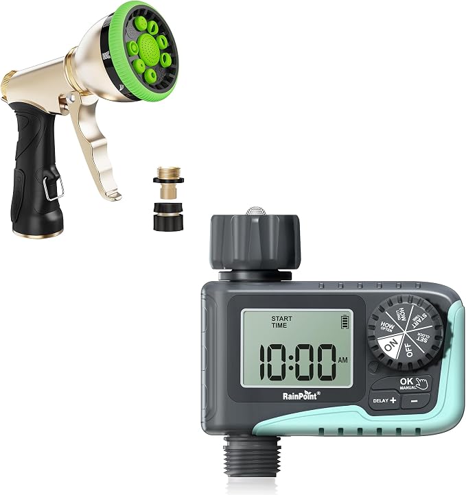 RAINPOINT Sprinkler Timer & Garden Hose Nozzle with 9 Adjustable Spray Patterns