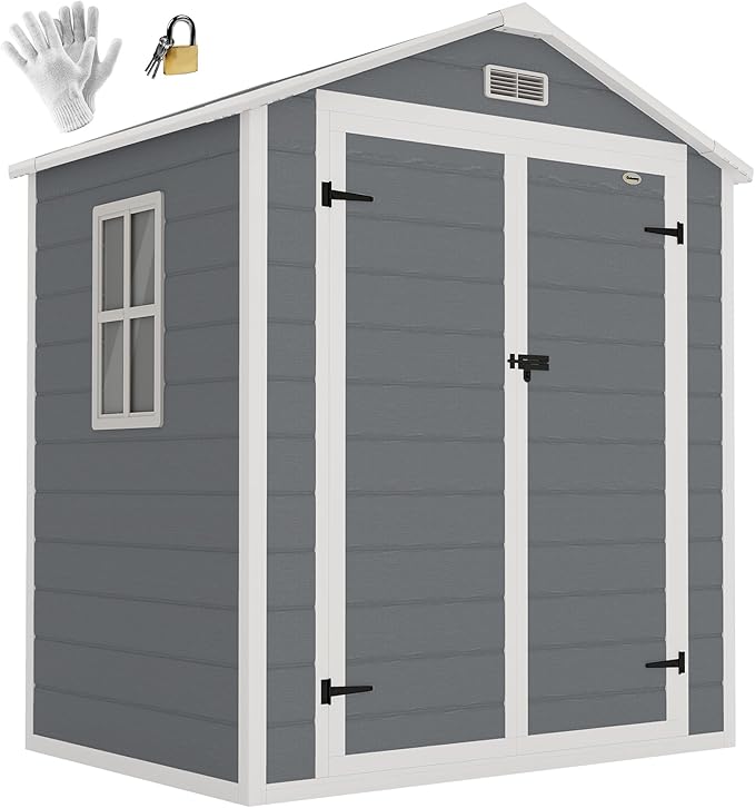Outsunny 6' x 4.5' Outdoor Storage Shed, Waterproof Resin Plastic Shed with Floor, Window, Lockable Door and Vents, All-Weather Garden Tool Shed for Backyard, Patio, Lawn, Gray
