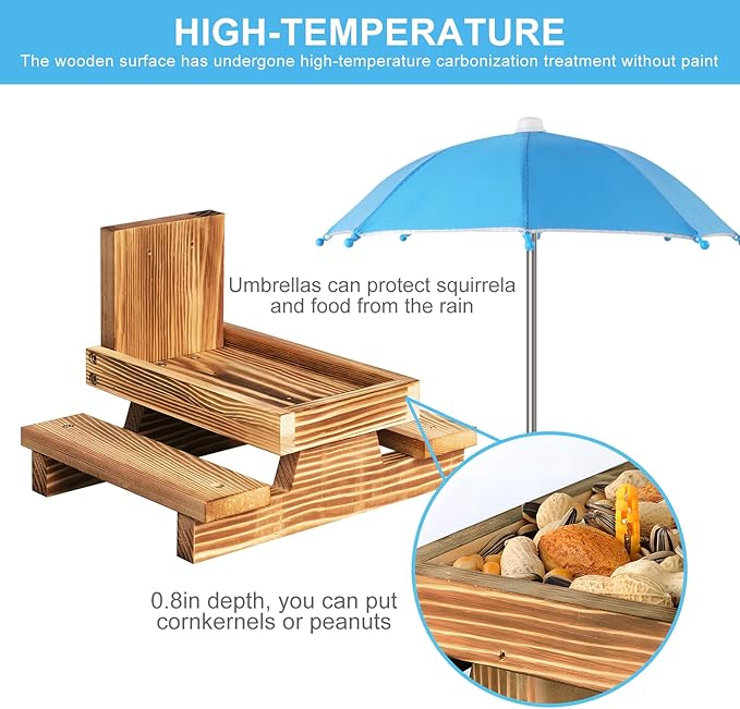 Gnodary Squirrel Feeder with Umbrella, Squirrel Feeders for Outside, Squirrel Picnic Table Feeder - Chipmunk Feeder Hold Corn, Corn Cob, Peanuts Style2 (Light Blue)