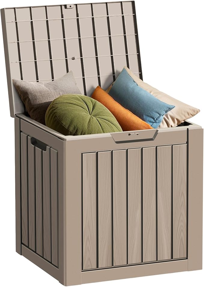 Outdoor Storage Deck Box Waterproof,35 Gallon Lockable Patio Package Delivery Bin as Seat, Resin Storage Container Bench for Furniture Cushions, Pool Accessories, Garden Tools, Grey