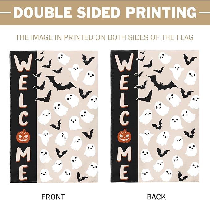 Halloween Welcome Garden Flag 12x18 Inch Cute Ghost Bat Black Cream Holiday Theme Scary Halloween Decorative Yard Flags for Outside Double Sided Outdoor Home Farmhouse Decoration Porch Decor