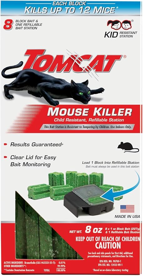 Tomcat Mouse Killer Child Resistant, Refillable Station with Clear Lid for Easy Monitoring, 1 Bait Station and 8 Refills