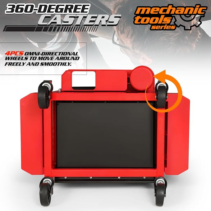 M-AUTO Mechanic Stool Garage Rolling Tool Chest Seat w/Drawer & Tray, 350LBS Capacity Multi-Function Adjustable Height Mechanic Creeper Seat for Projects Inside The Garage and Workshop, Red
