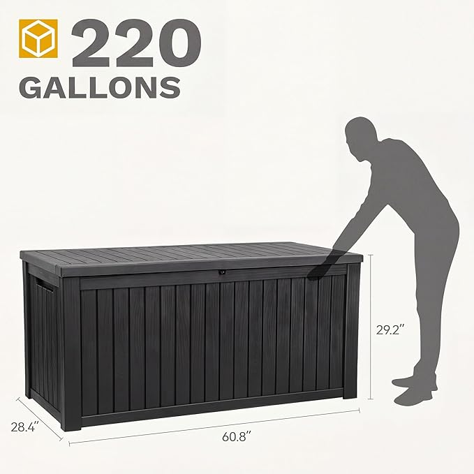 DWVO 220 Gallon Extra-Large Patio Deck Box, Waterproof Resin Outdoor Storage Box with Removable Divider for Patio, Garden, Pool, Furniture and Tools, Black