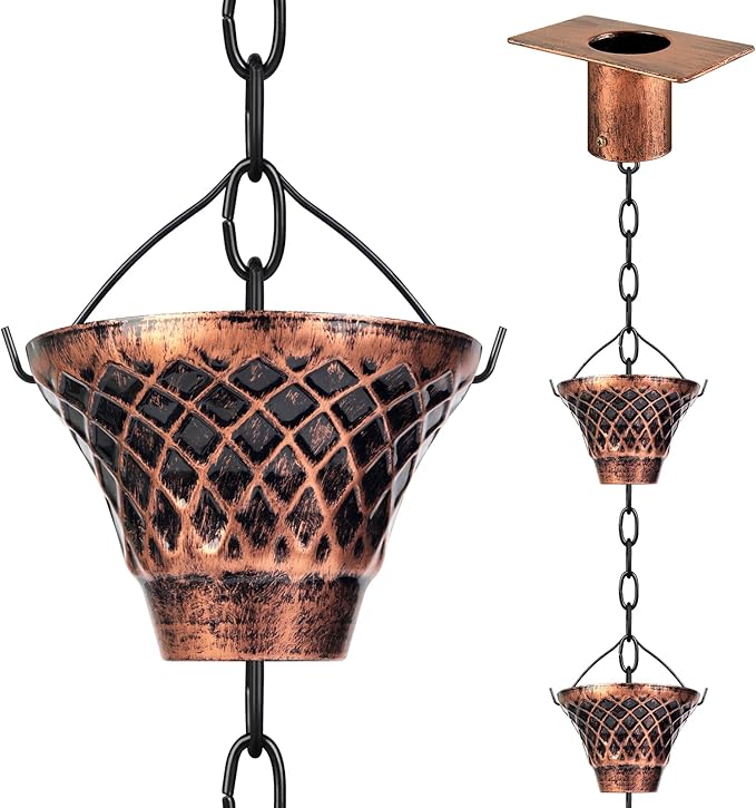 Rain Chains for Gutters Outside 8.5FT Copper Rain Catcher Chain with Adapter 12 Cups Decorative Replacement for Downspout