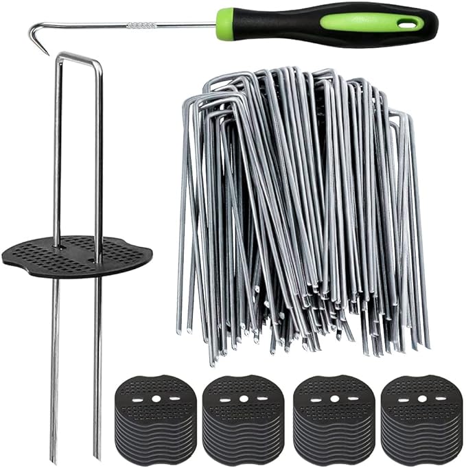 Bakulyor 200Pcs Landscape Staples + 200Pcs Gasket, 6 Inch Garden Stakes Staples 11 Gauge U Shaped Galvanized Lawn Landscape Pins, Heavy Duty Yard Ground Pin for Weed Barrier Sod Fabric Decorations