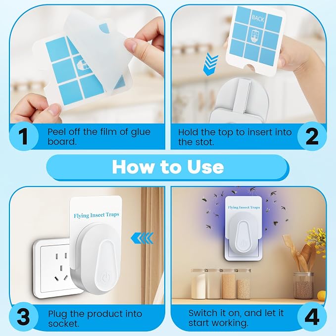 Indoor Fly Trap Fruit Fly and Gnat Trap with 2 Traps and 6 Sticky Refills Plug-in Device Flying Insect Catcher for Mosquitoes, Moths, and Household Flying Bugs (2, White)