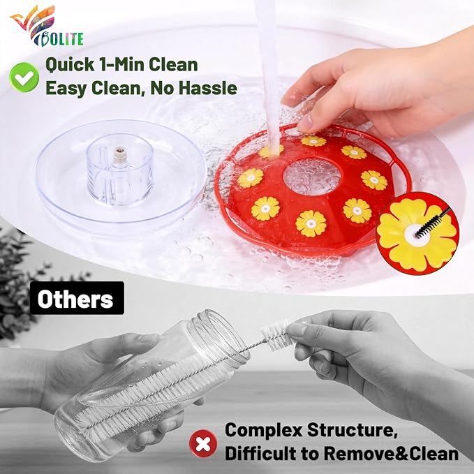 BOLITE Hummingbird Feeders for Outdoors Hanging, 2 Pack 11 OZ 8 Bee Proof Feeding Ports Flat Bird Feeder, Easy to Clean & Fill, Built-in Ant Moat, Leak Proof with Clean Brush, Red, Gift for Mom Dad