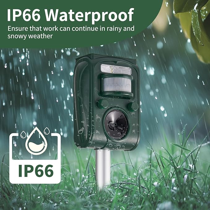 Upgraded Solar Ultrasonic Squirrel Deer Repellent Devices Motion Detection 5 Adjustable Modes, Cat Raccoon Rabbit Dog Deterrent, Animal Repellent with Waterproof for Yard, 2P Dark Green