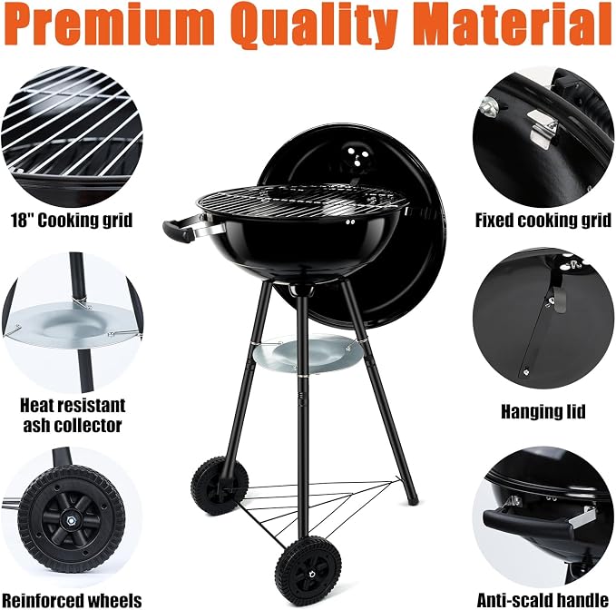 18 Inch Charcoal Grill, Leonyo Portable Barbecue Kettle Grill, Round Smoker with Wheels and Porcelain-Enameled Lid for Outdoor Cooking, Camping, Backyard and Beach, Black