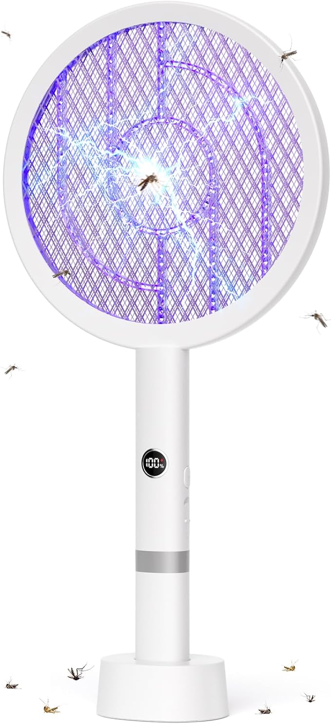 YISSVIC Electric Fly Swatter Bug Zapper Racket 4000V LED Screen Dual Modes Fly Zapper Rechargeable for Indoor Home Office Backyard Patio Camping (White)