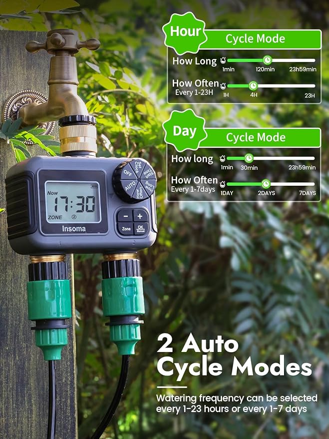 Insoma Water Timer 2 Zone, Programmable Irrigation Sprinkler Timer for Garden Hose, Outdoor Hose Faucet Timers with Rain Delay/Manual/Auto Modes, IPX5 Waterproof for Drip System & Lawn