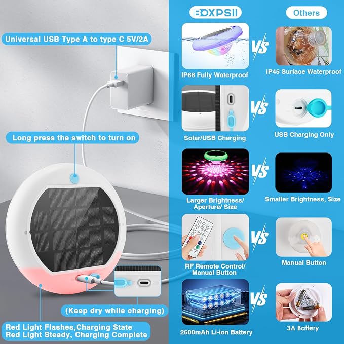 BOXPSII Solar Floating Pool Lights(2 Pack), Rechargeable Pool Lights that Float with Remote, 6.7'' 2600mAh IP68 Waterproof Floating Light 13 Colors Upper and Lower Glow Solar Light for Pools