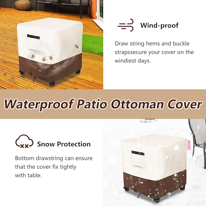Waterproof Patio Ottoman Cover,Square Patio Small Side Table Cover,Heavy Duty Outdoor Furniture Cover Size 22L x 22W x 18H inch(Beige&Brown)