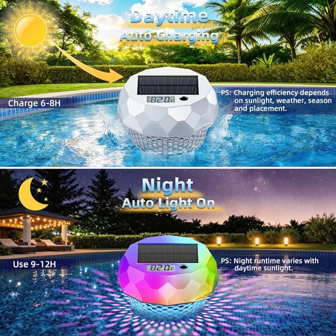 Ketom Solar Pool Chlorine Floater with Thermometer - Remote Control Floating Chlorine Dispenser with RGB Waterproof Pool Light Chlorine Tablet Floater 3 inch for Outdoor Swimming Hot Tub Spa
