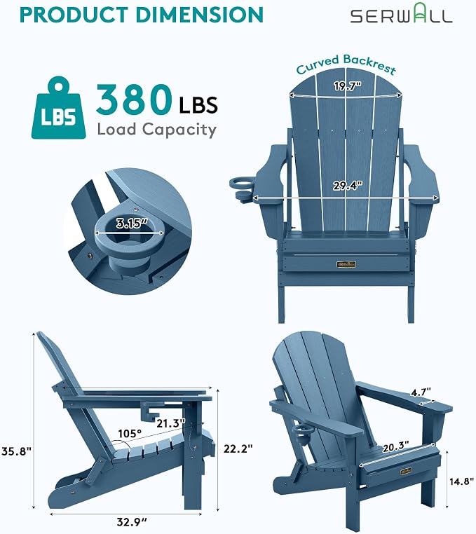 SERWALL Folding Adirondack Chairs with Cup Holder, Weather Resistant Adirondack Chairs for Outdoor, Patio, Lawn, Garden, Backyard Deck, Fire Pit - Blue