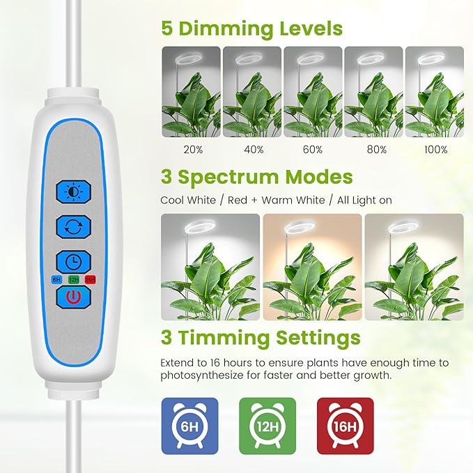 Kullsinss White Grow Light, Full Spectrum LED Plant Lights for Indoor Growing with 6/12/16H Timer, 3 Color Modes, 5 Brightness, 10"-65" Height Adjustable Growing Lamp for Large Indoor Plants, 2 Pack