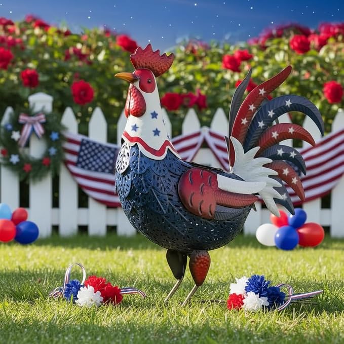 LIFFY Metal Rooster Yard Decor,18" Solar Patriotic Chicken Garden Statues Outdoor,4th of July Decorations with American Flag Decorative Ornament Outside for Home Patio Backyard Lawn