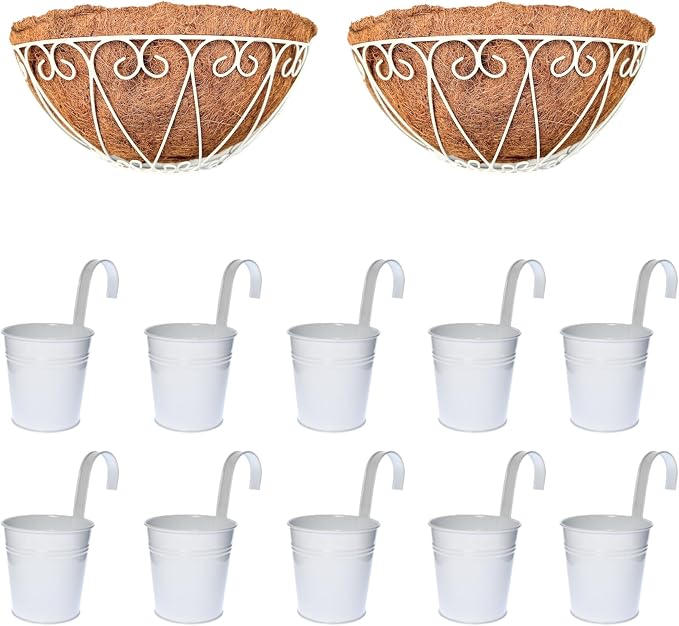 LaLaGreen Bundle- 10-Pack, 6 Inch White Metal Pot + 2-Pack, 12 Inch Hanging Basket with Coco Liner Semi-Circle Wall Mount Flower Holder Fence Railing Deck Balcony Patio Porch Outdoor Bucket with Hook